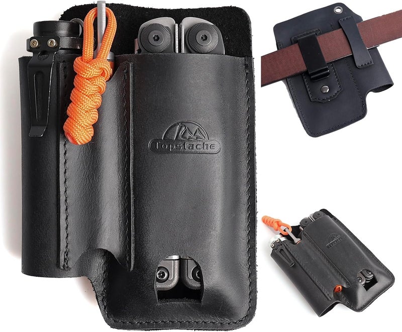 topstache Leather Multitool Sheath with Belt Clip - Leather Multitool Pouch for Belt - EDC Belt Organizer - Multitool Holster Fits Multitool, Flashlight, Pen - Leather Multitool Holder - Black - Image 1